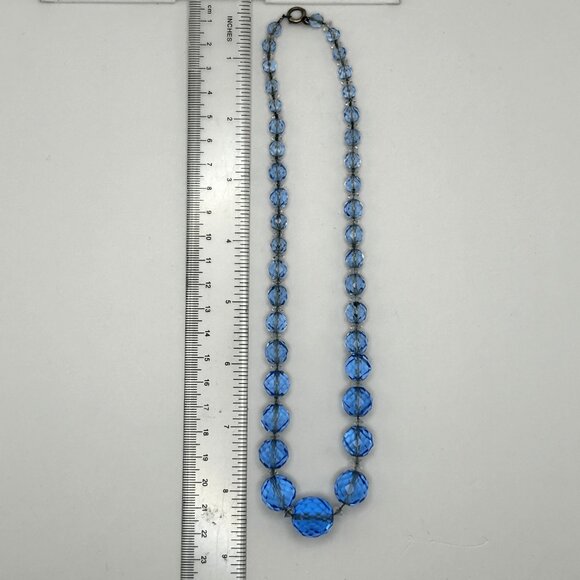Vintage Czech Faceted Blue Glass Crystal Bead Necklace Graduated 16” - Picture 6 of 16